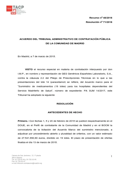 Tribunal administrativo de contratación pública de la comunidad de madrid